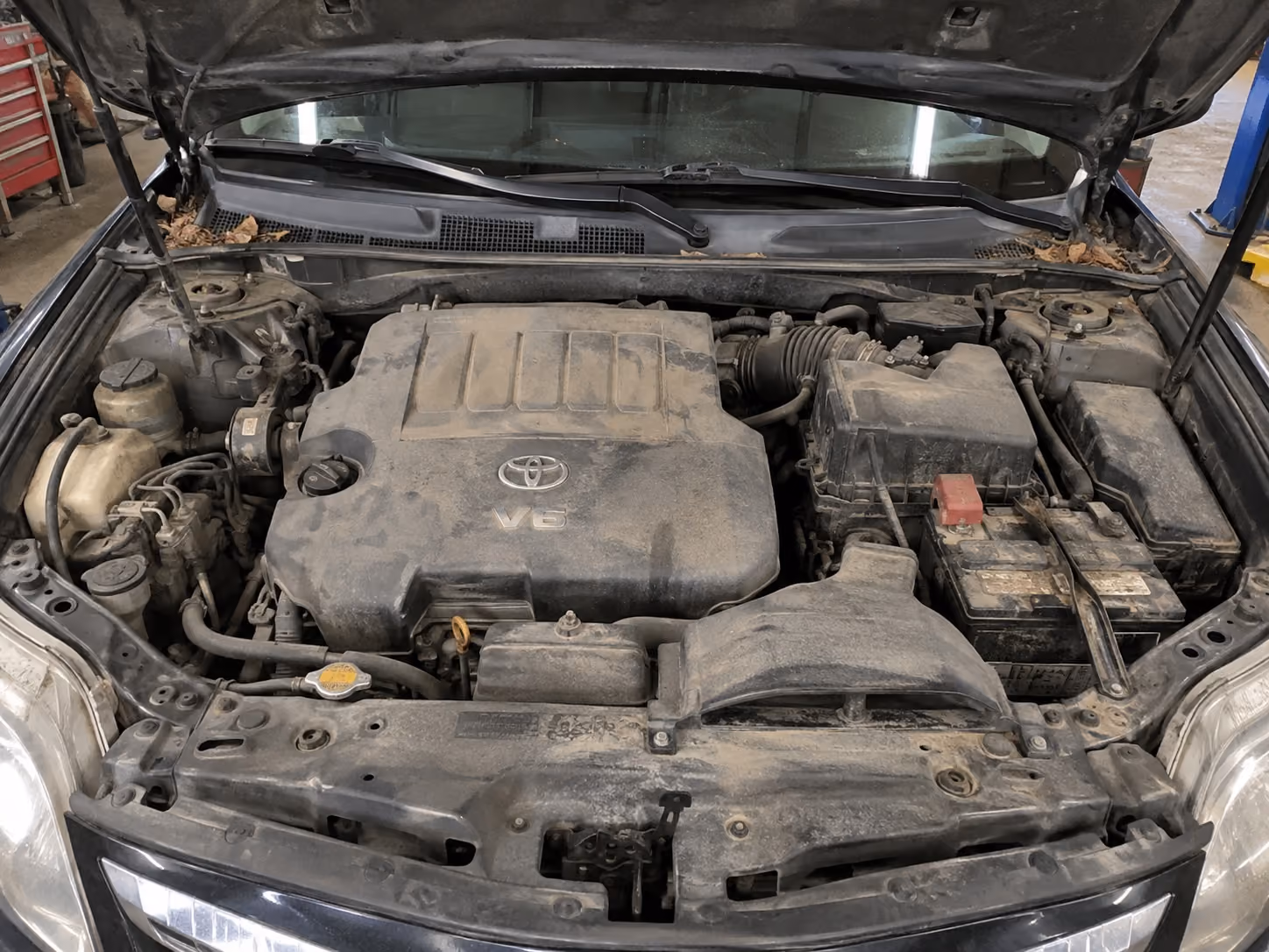 A dirty engine bay before detailing