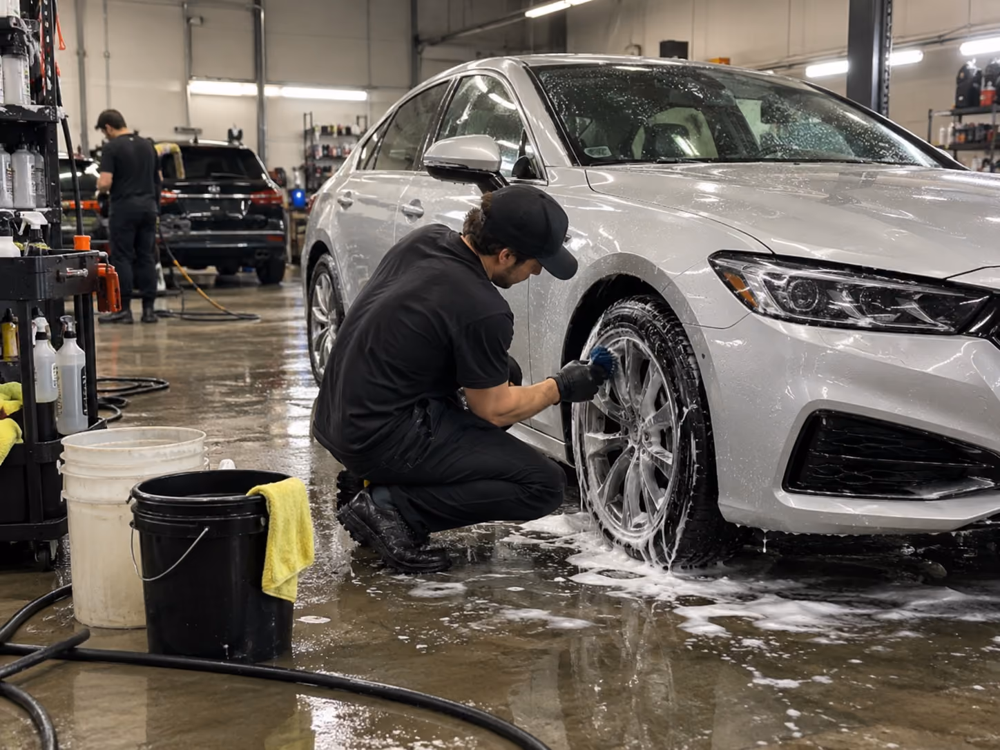 A car covered in snow foam during the pre-wash stage