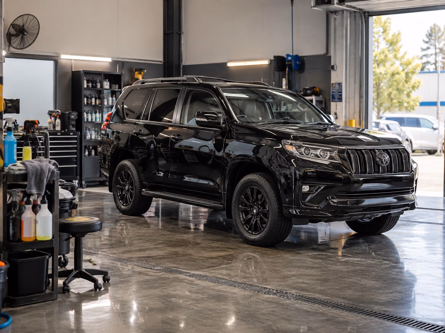 A dark car with a freshly corrected paint finish under studio lighting at the Attention Detailing Nerang workshop