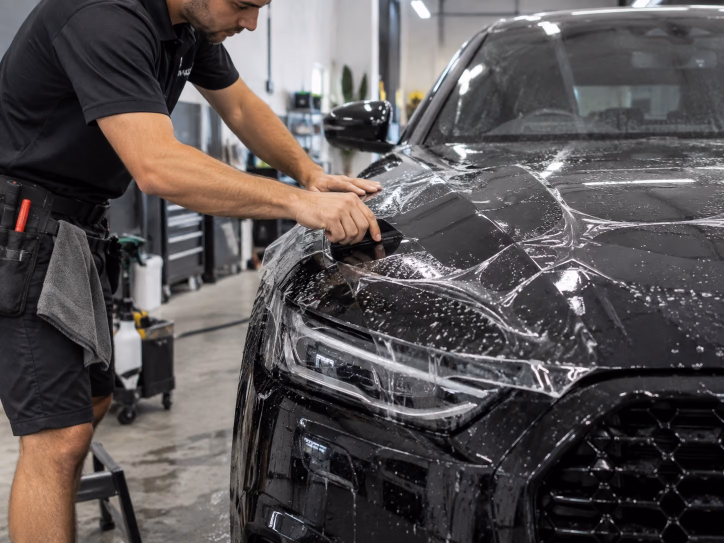Paint protection film being applied to the front of a vehicle